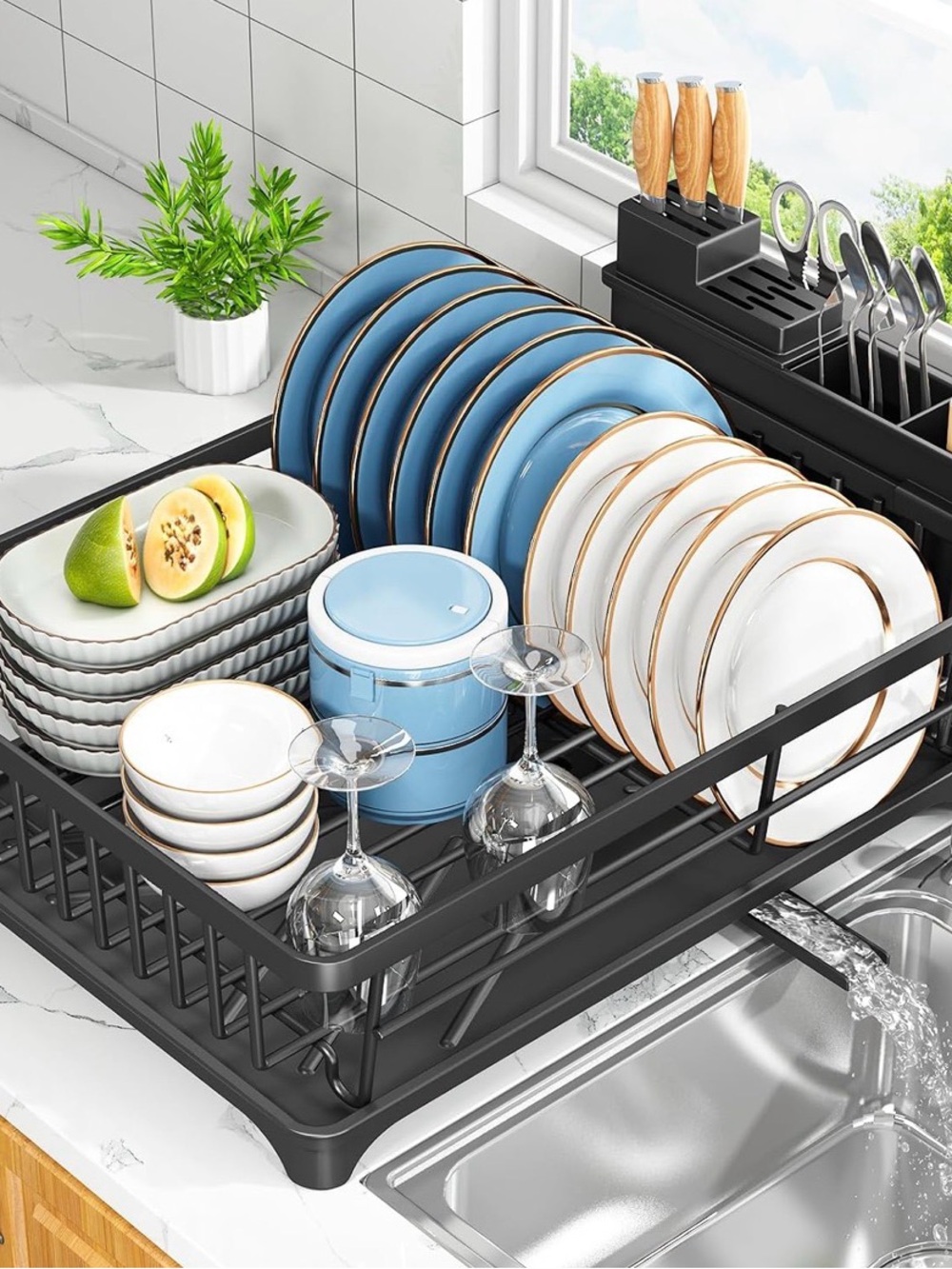 NIB Premium Black Dish Drying Rack - Sleek Countertop Organizer Space Saver